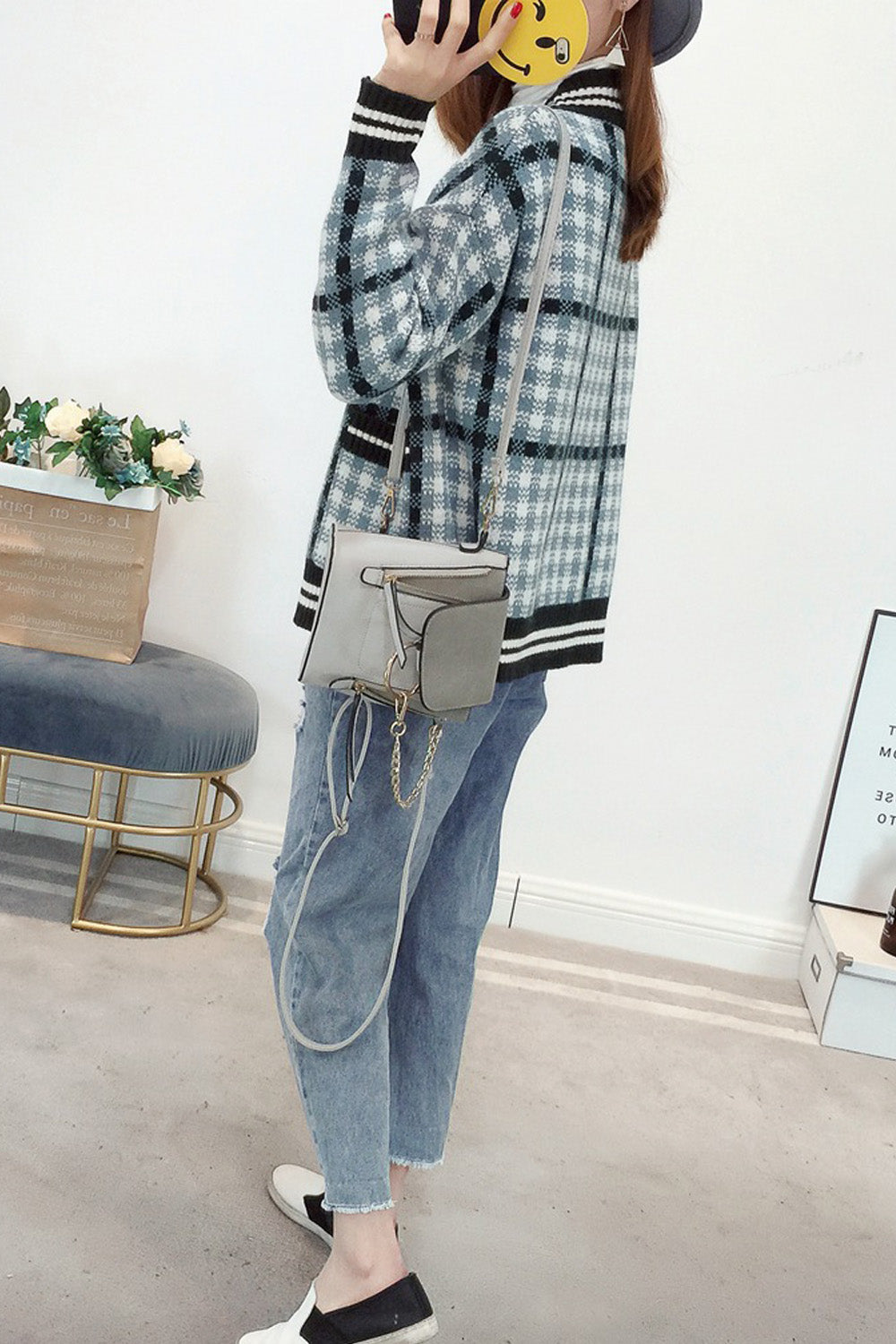 Women Small Plaid Warm Fashion Cardigan