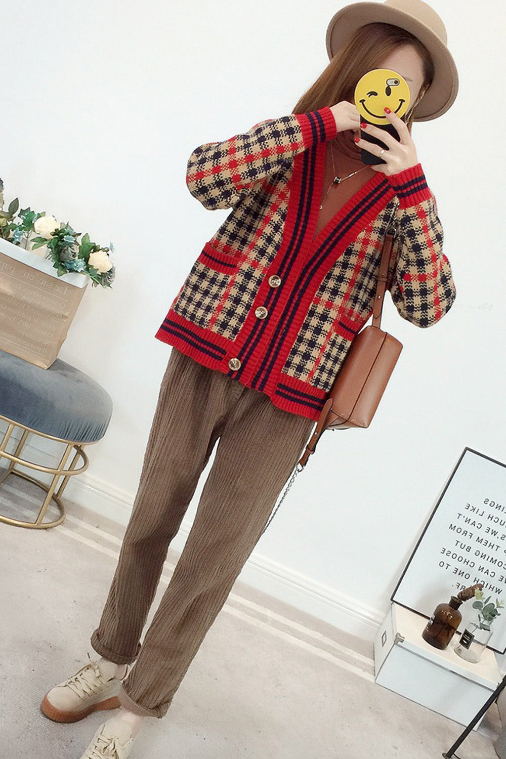 Women Small Plaid Warm Fashion Cardigan