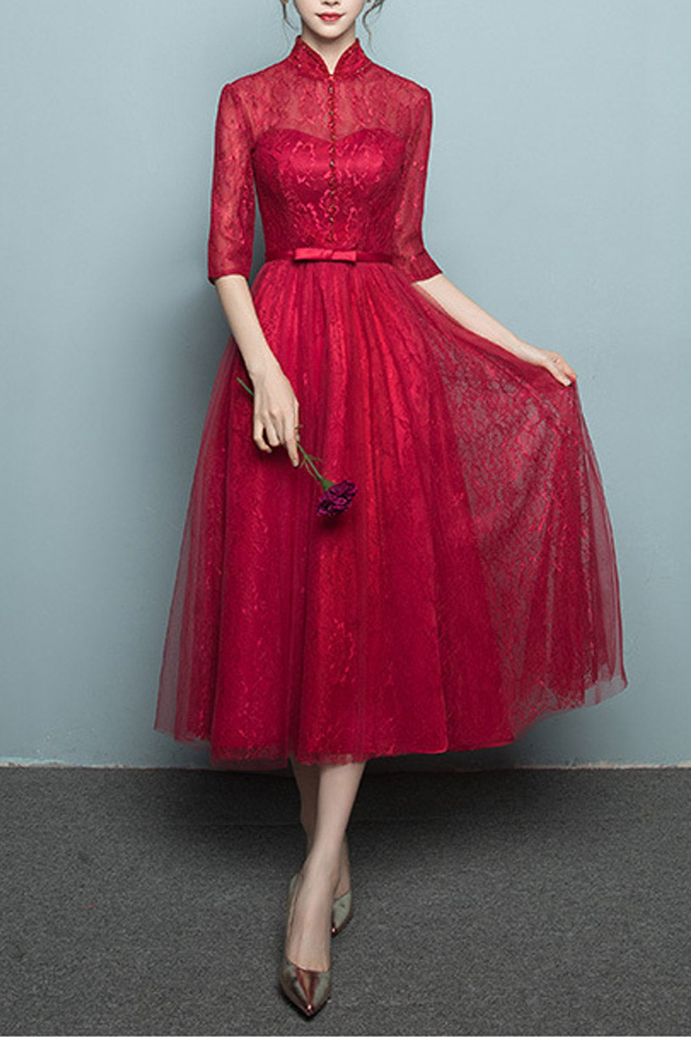 Women High Neck Silk Waist Ribbon Wedding Dress