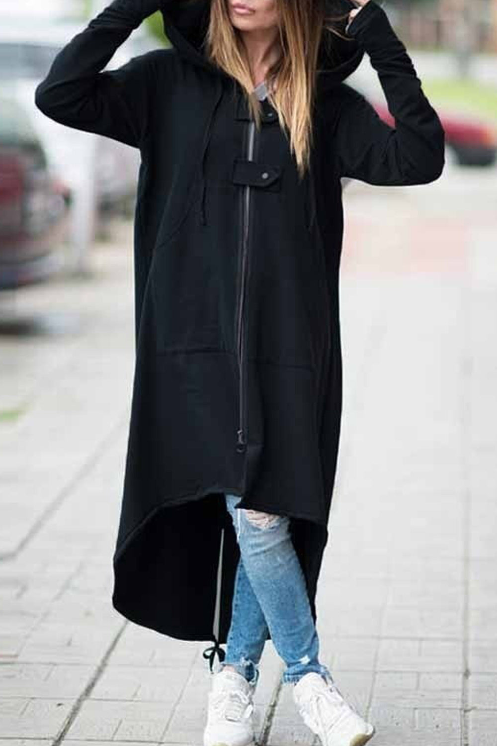Women Solid Color Long Zipper Warm Hoodie