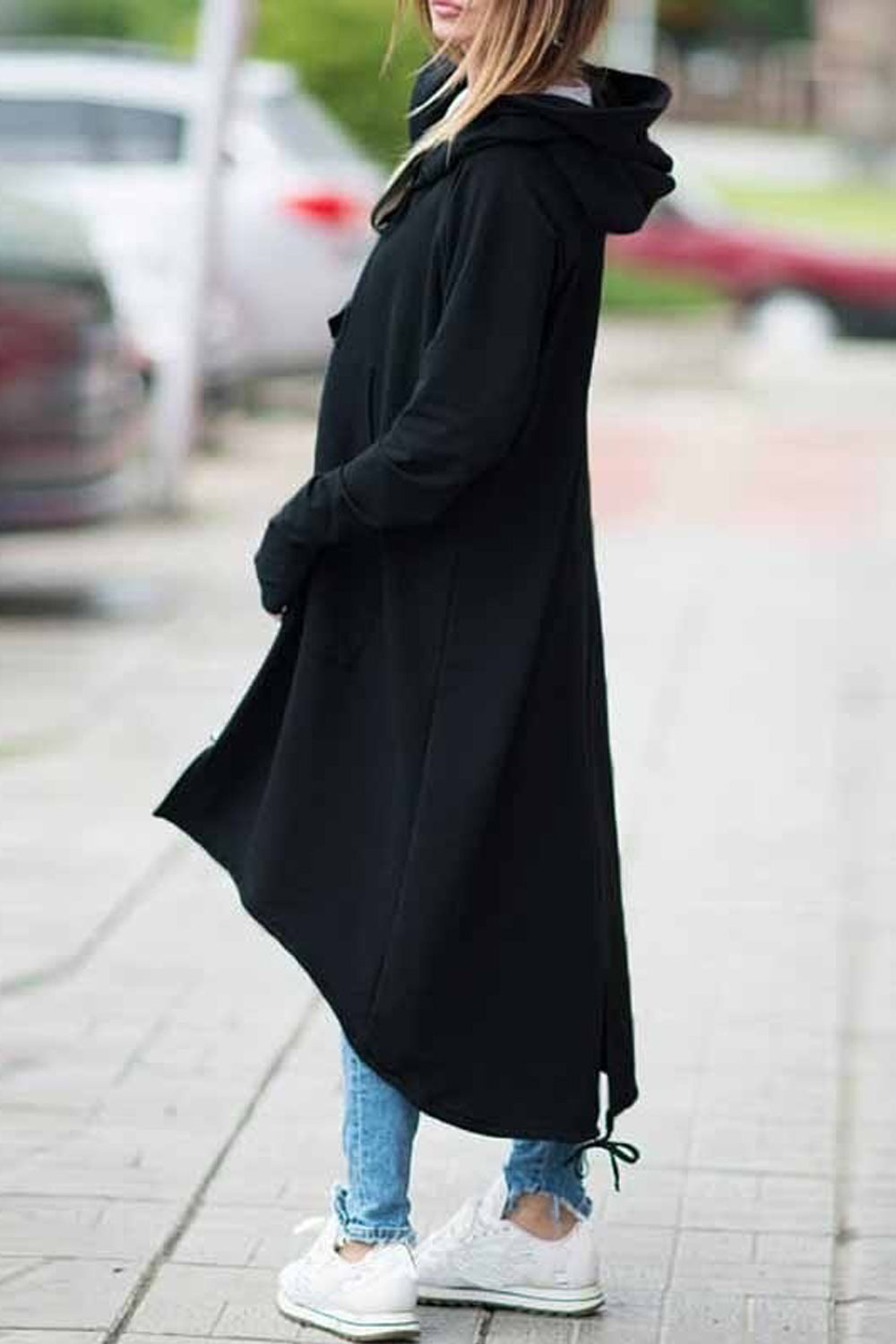 Women Solid Color Long Zipper Warm Hoodie