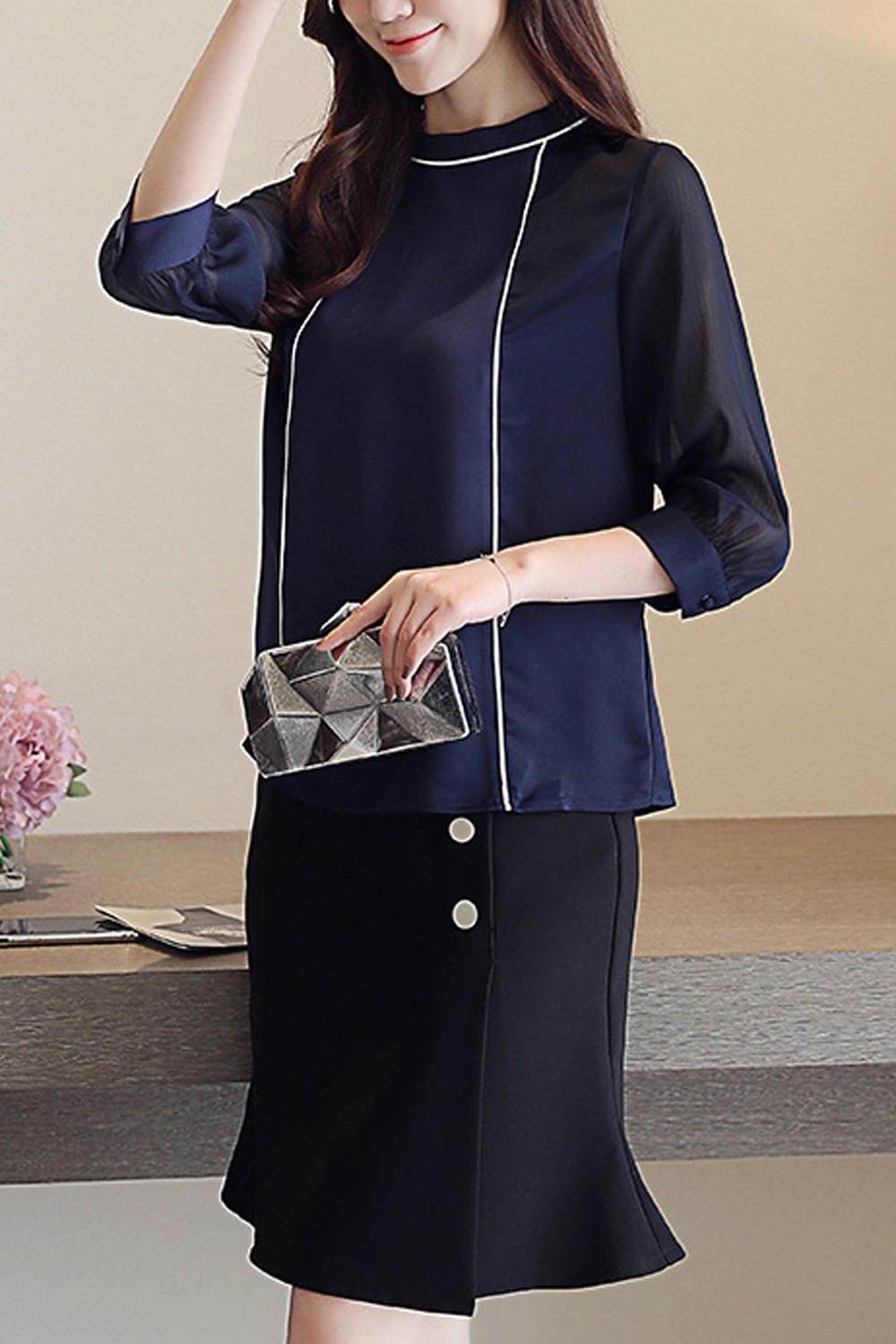 Women High Neck Solid Colored Chiffon Shirt