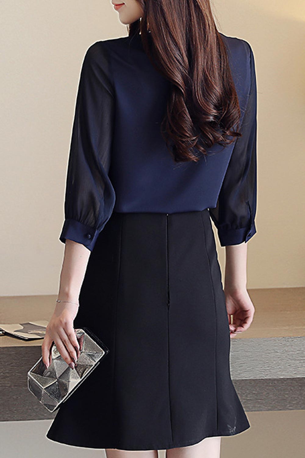 Women High Neck Solid Colored Chiffon Shirt