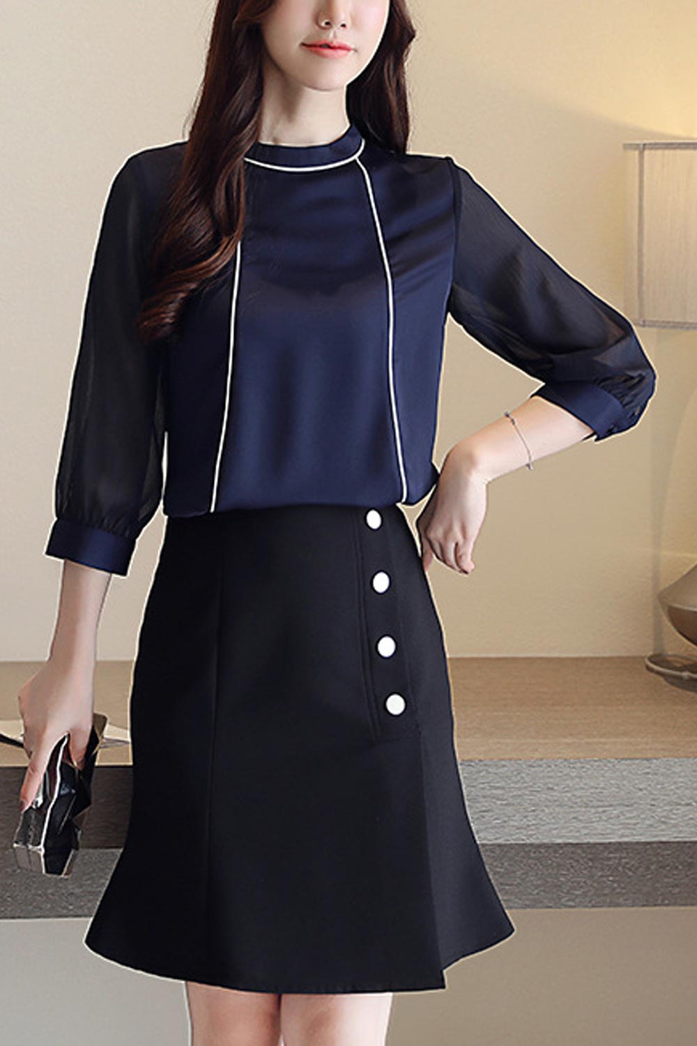 Women High Neck Solid Colored Chiffon Shirt