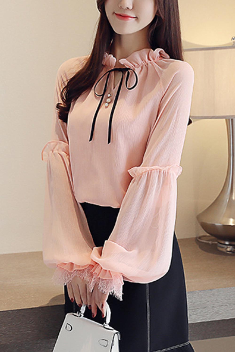 Women Tie Neck Lantern Sleeve Chiffon Shirt