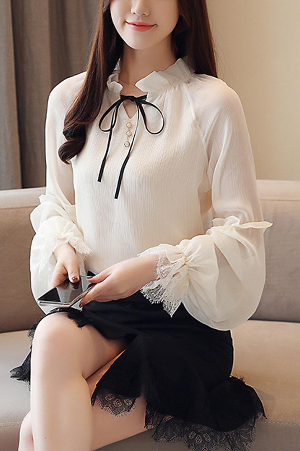 Women Tie Neck Lantern Sleeve Chiffon Shirt