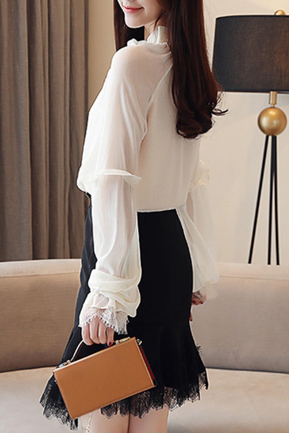 Women Tie Neck Lantern Sleeve Chiffon Shirt