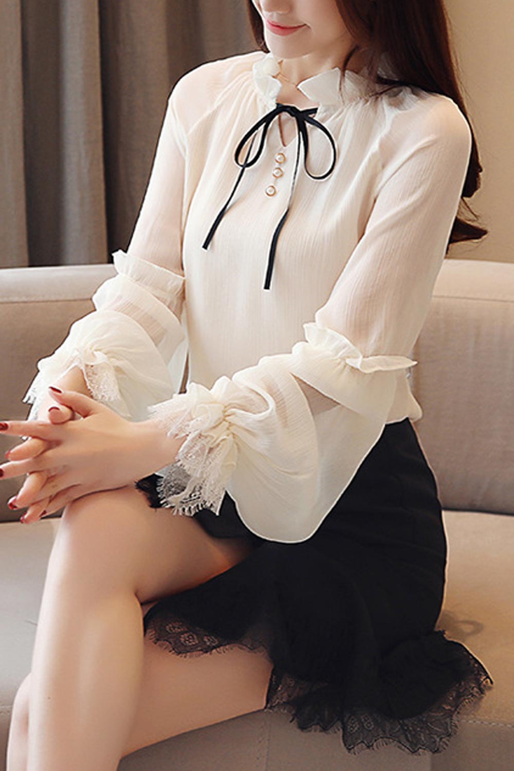 Women Tie Neck Lantern Sleeve Chiffon Shirt