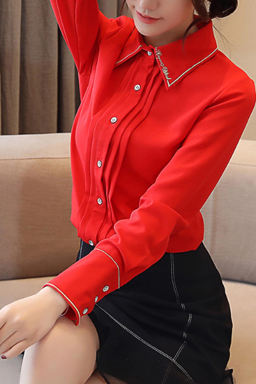Women Embroidered Collar Neck Slim Shirt