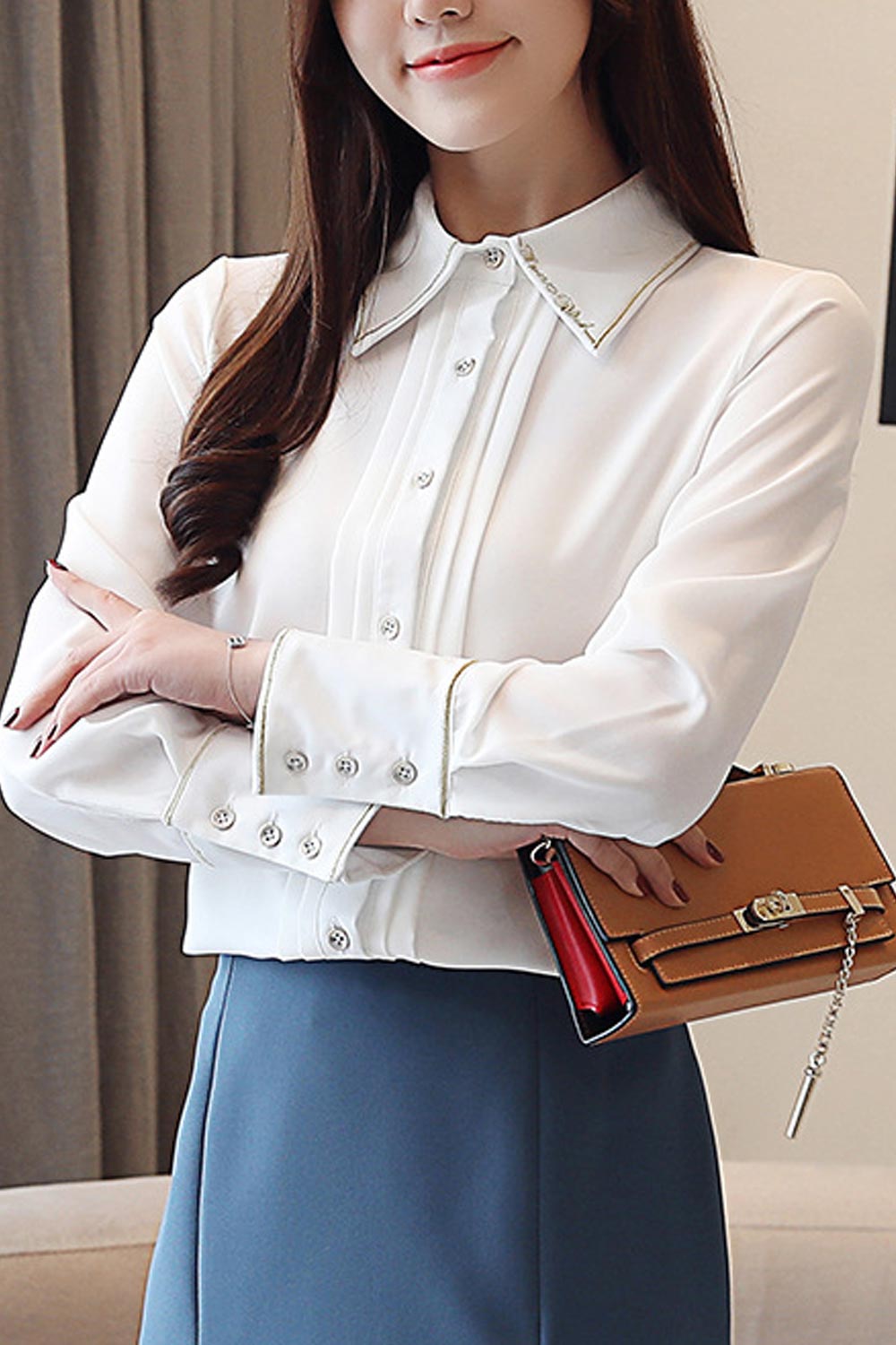 Women Embroidered Collar Neck Slim Shirt
