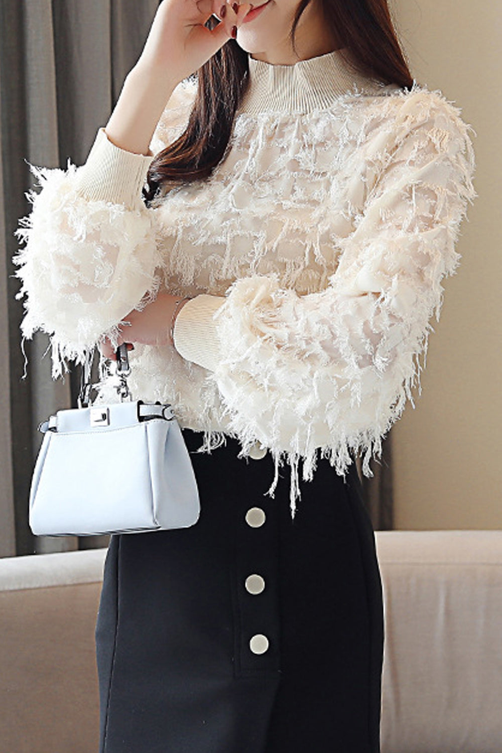 Women High Neck Decorated Chiffon Shirt