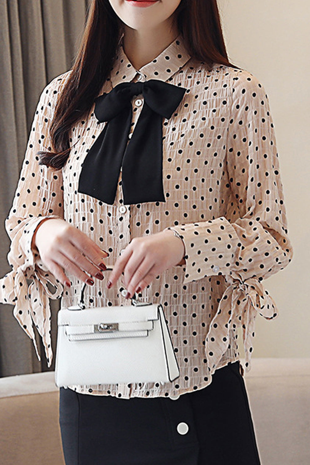 Women Bow Neck Polka Dot Chiffon Shirt
