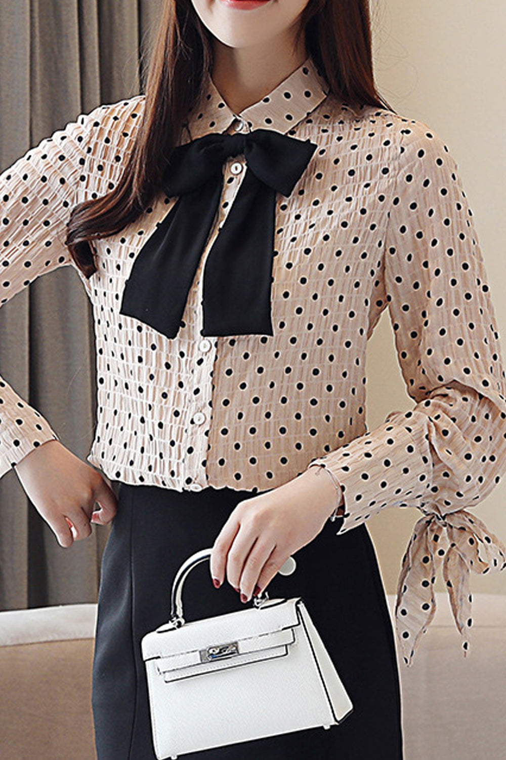 Women Bow Neck Polka Dot Chiffon Shirt