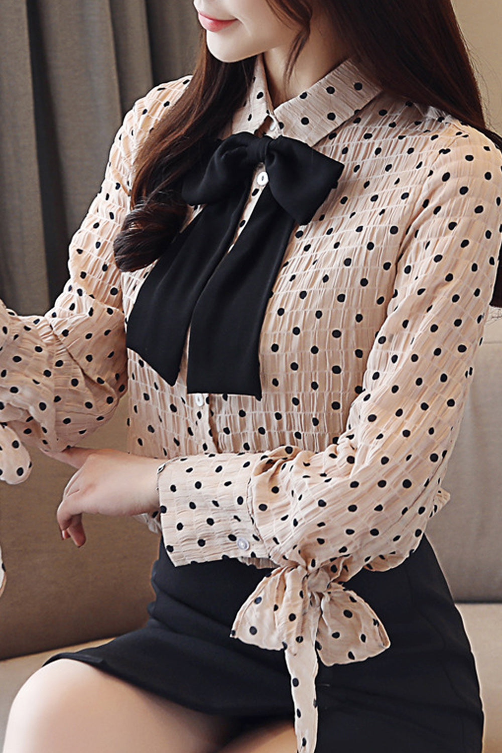 Women Bow Neck Polka Dot Chiffon Shirt