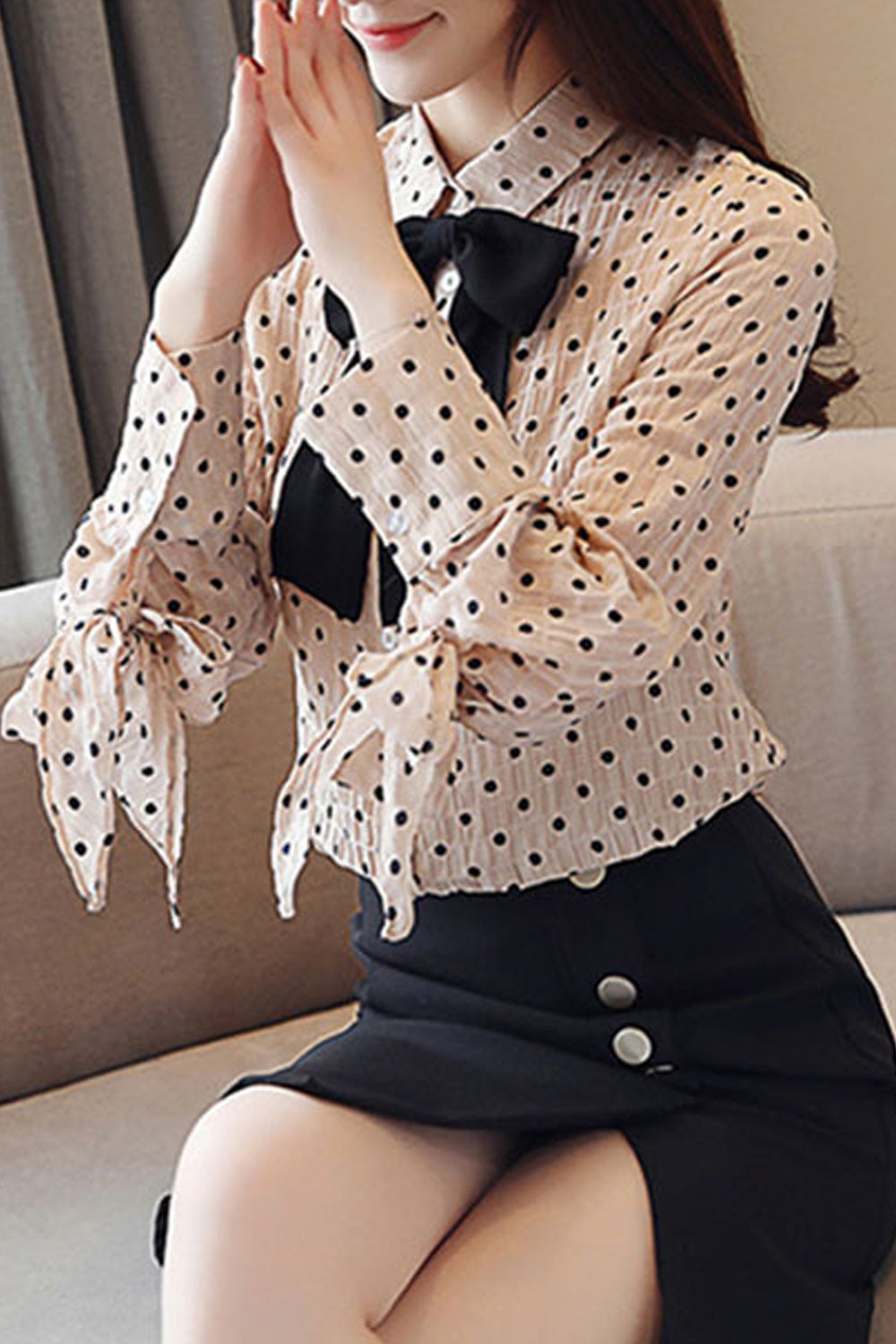 Women Bow Neck Polka Dot Chiffon Shirt