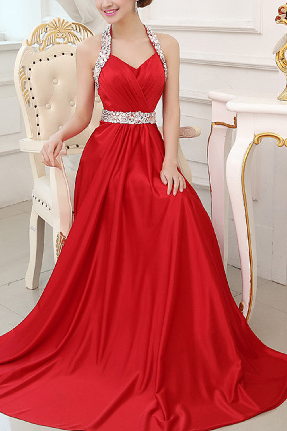 Women Pleated Bust Sequin Decorated Wedding Dress