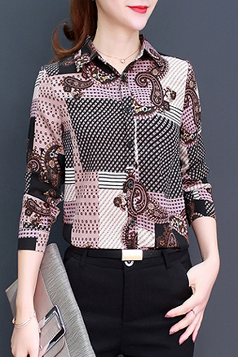 Women Fashion Collar Neck Chiffon Shirt