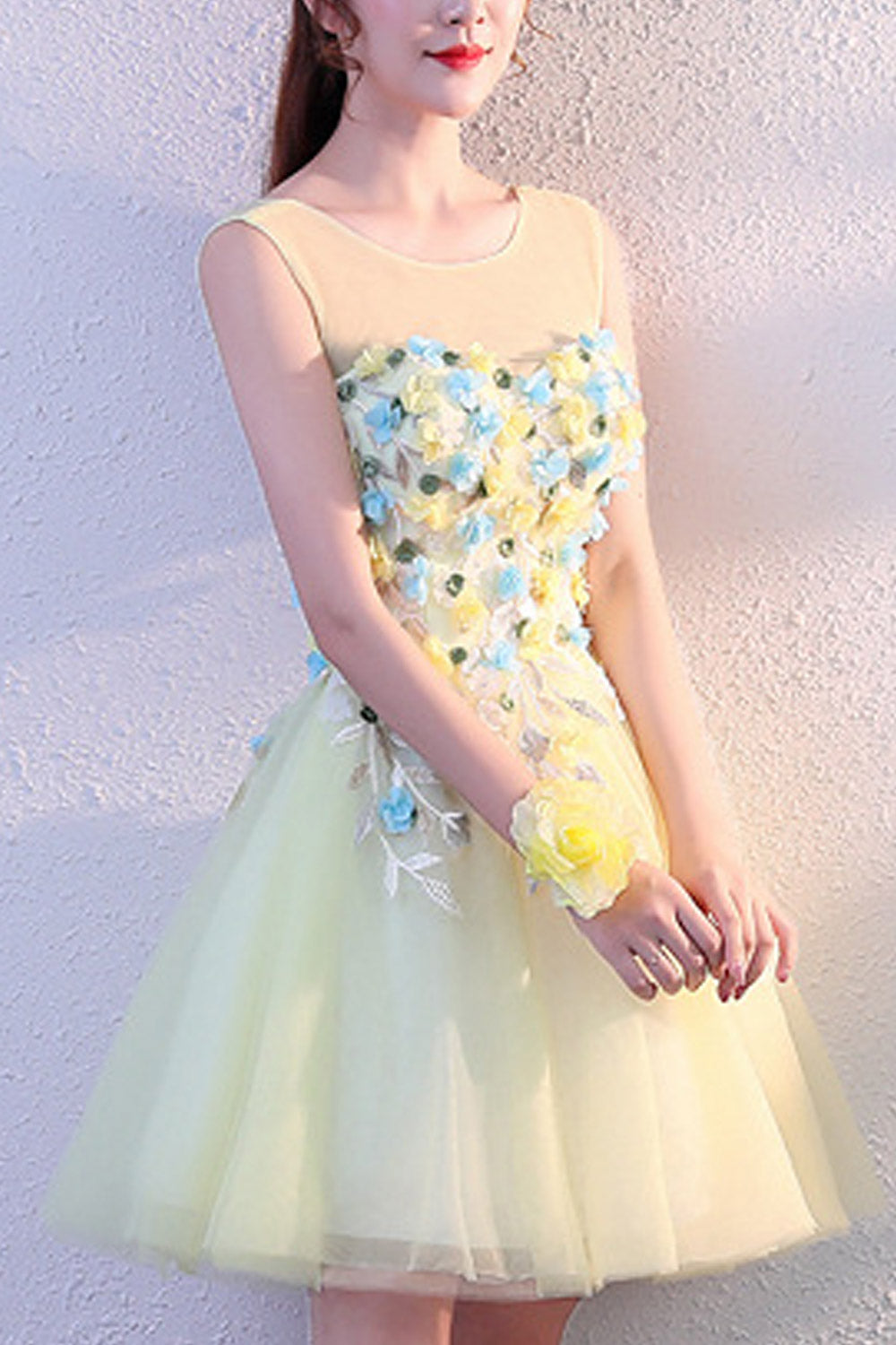 Women Flower Bust Sleeveless Decorated Dress