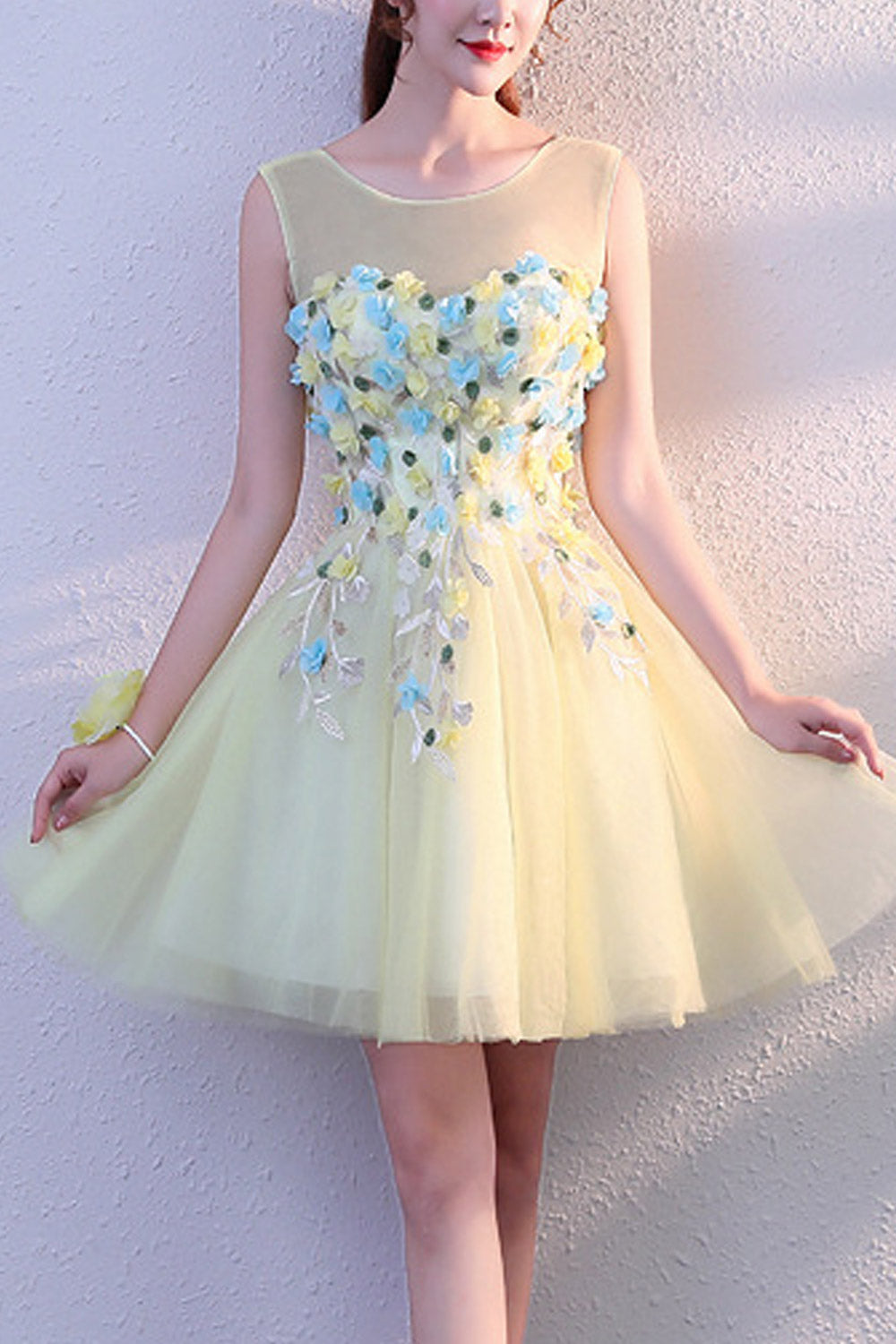 Women Flower Bust Sleeveless Decorated Dress
