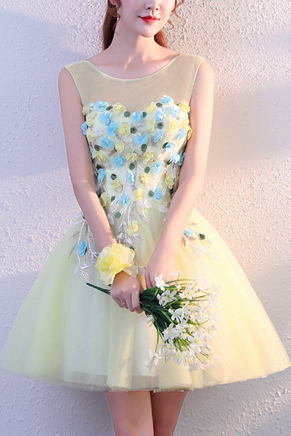 Women Flower Bust Sleeveless Decorated Dress