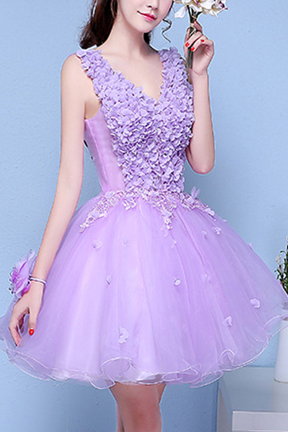 Women V-Neck Flower Pettiskirt Evening Dress