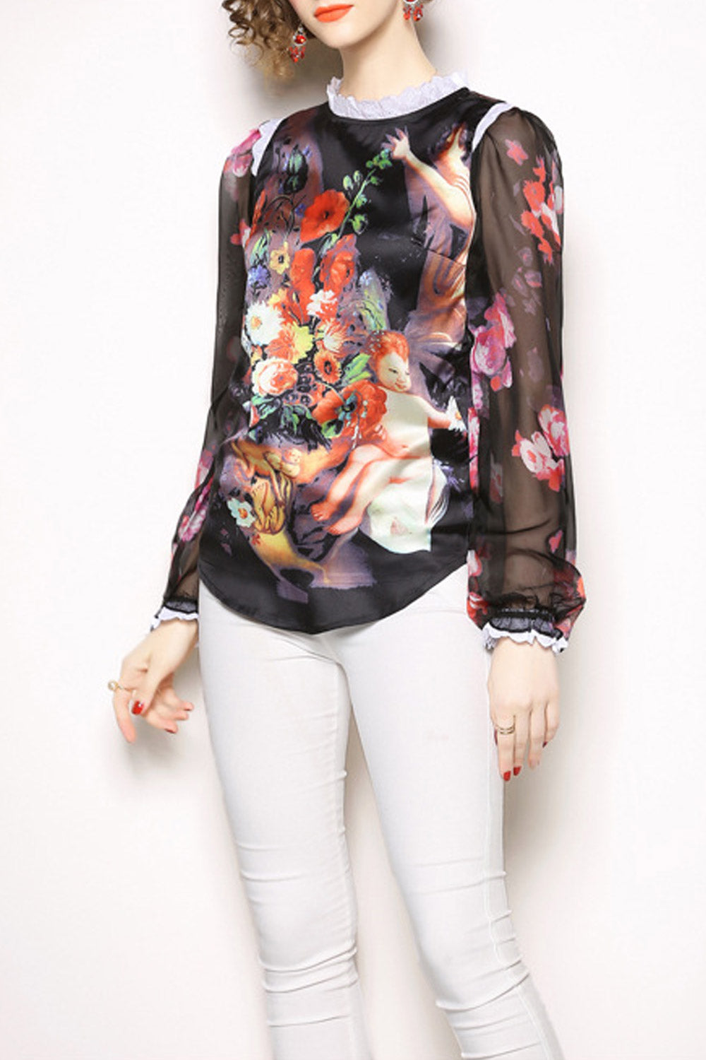 Women High Neck Floral Printed Shirt
