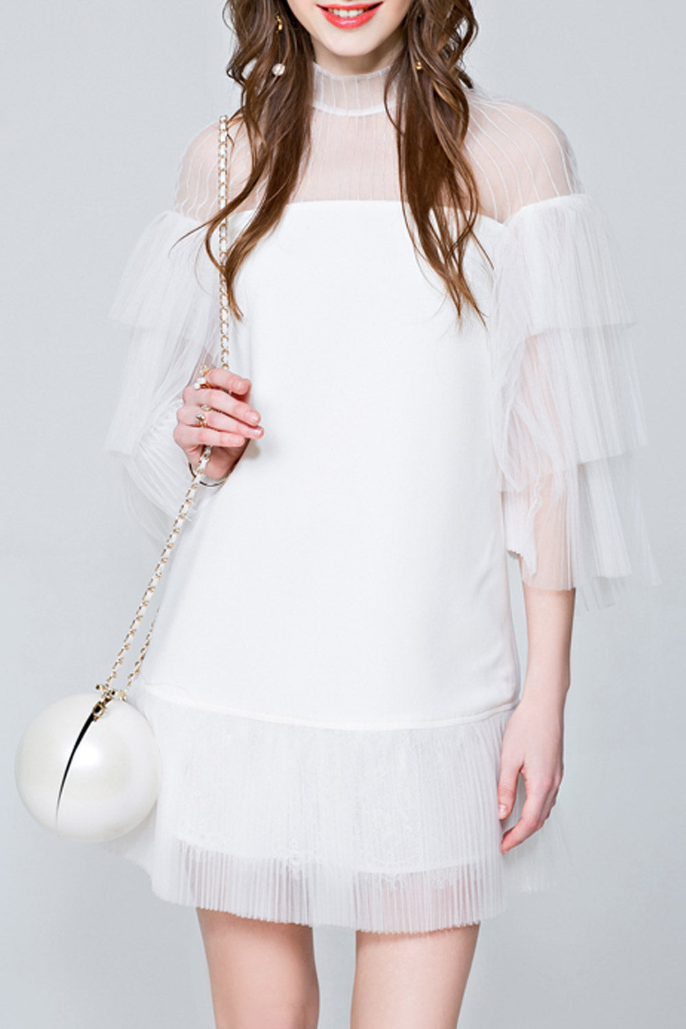 Women Sheered Neck Ruffled Loose Dress