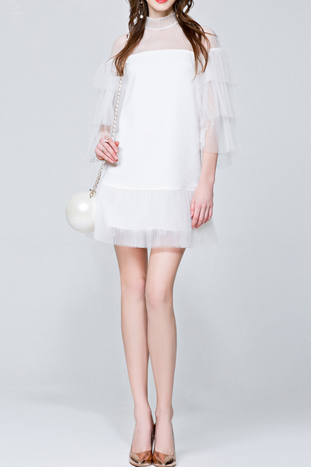 Women Sheered Neck Ruffled Loose Dress