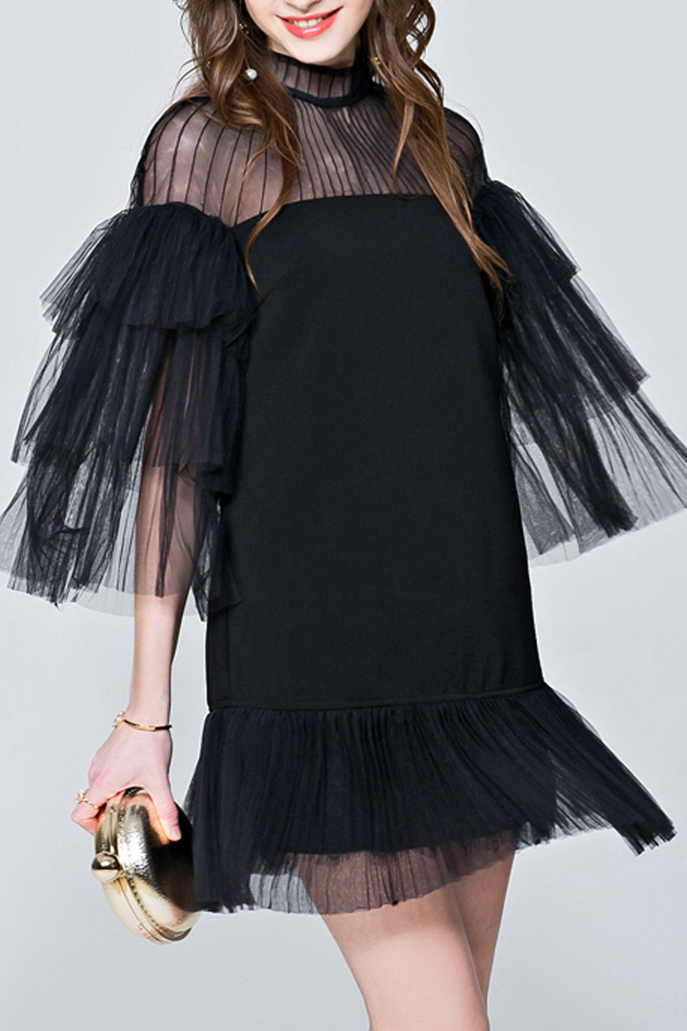 Women Sheered Neck Ruffled Loose Dress