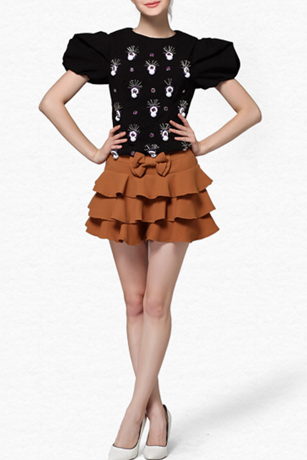 Women High Neck Short Sleeve Embroidered Top