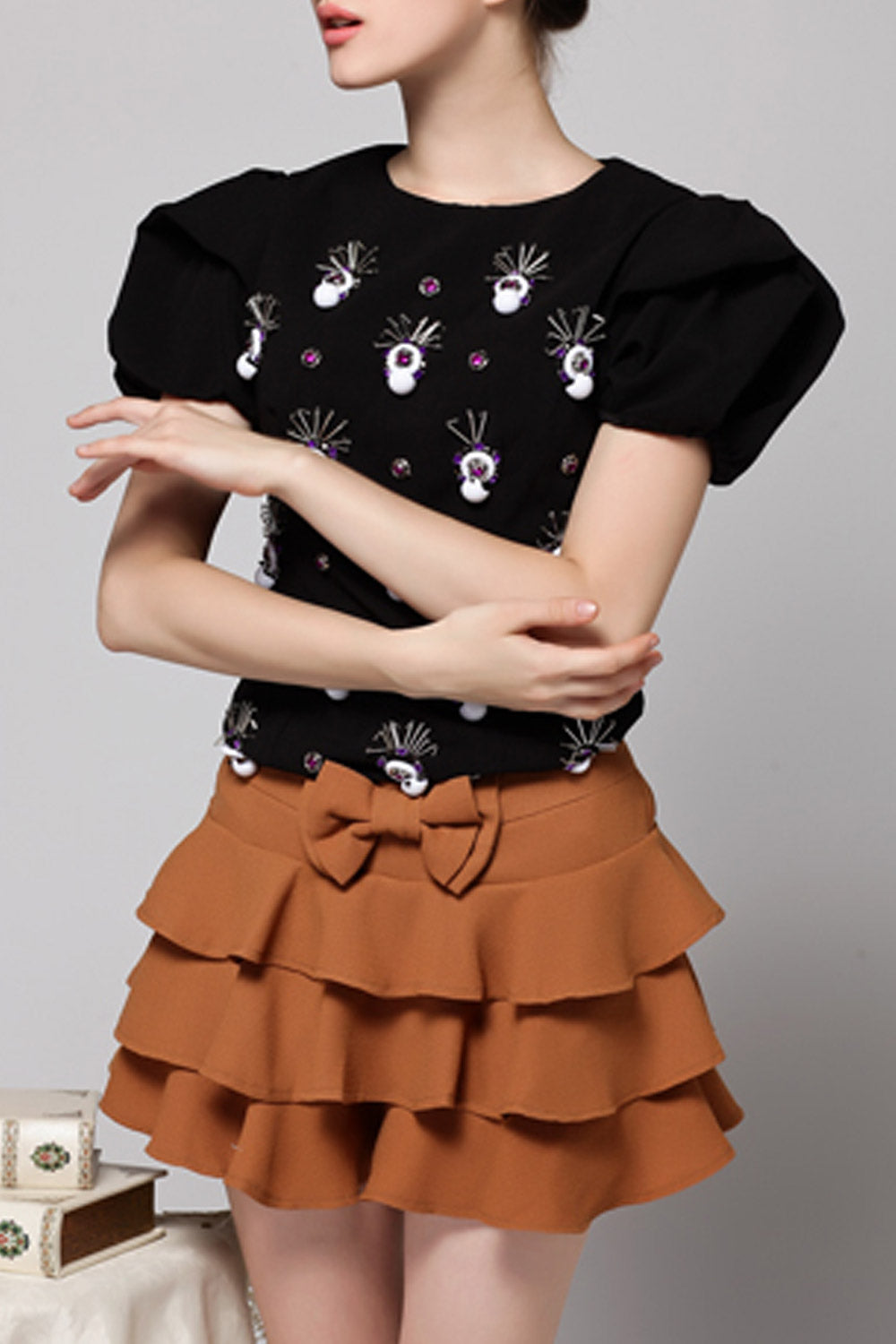Women High Neck Short Sleeve Embroidered Top