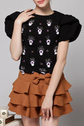 Women High Neck Short Sleeve Embroidered Top