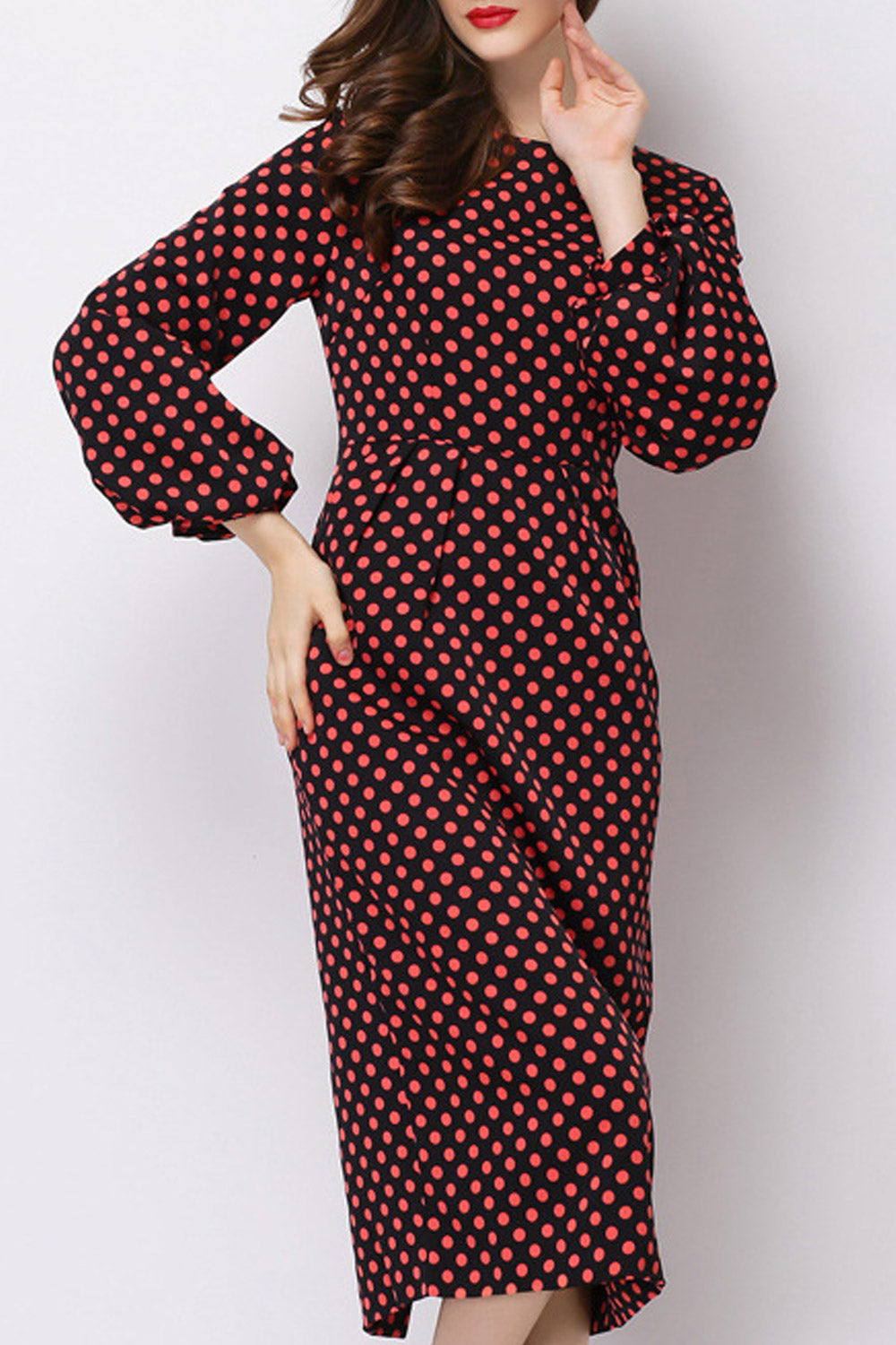 Women Polka Dot Long Sleeved Slim Dress