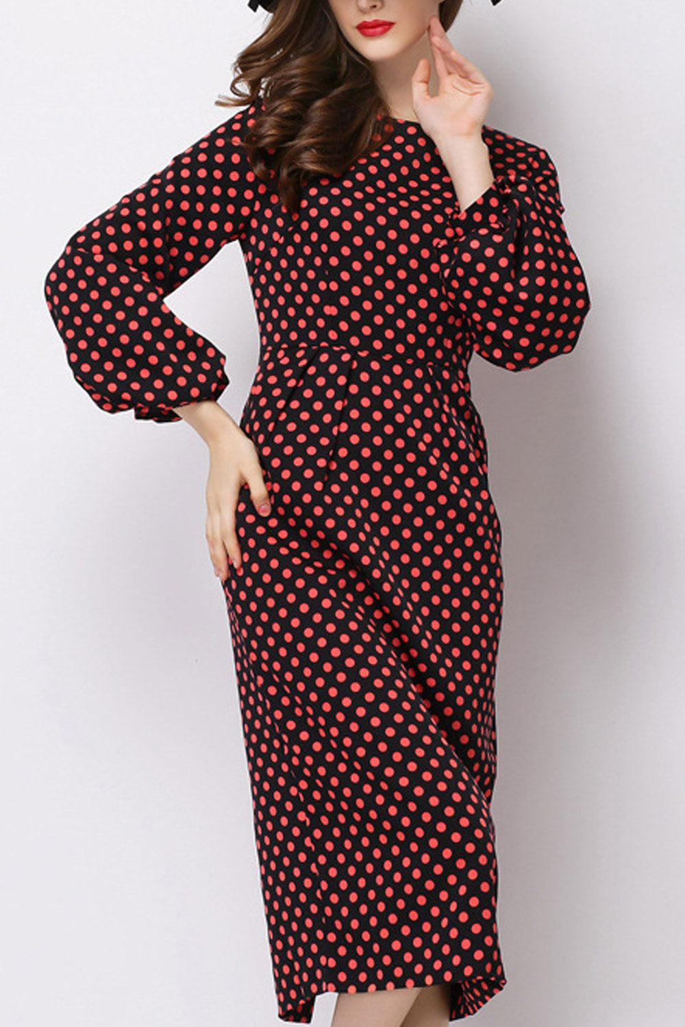 Women Polka Dot Long Sleeved Slim Dress