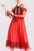 Women Lace Halter Neck Cold Shoulder Stylish Dress