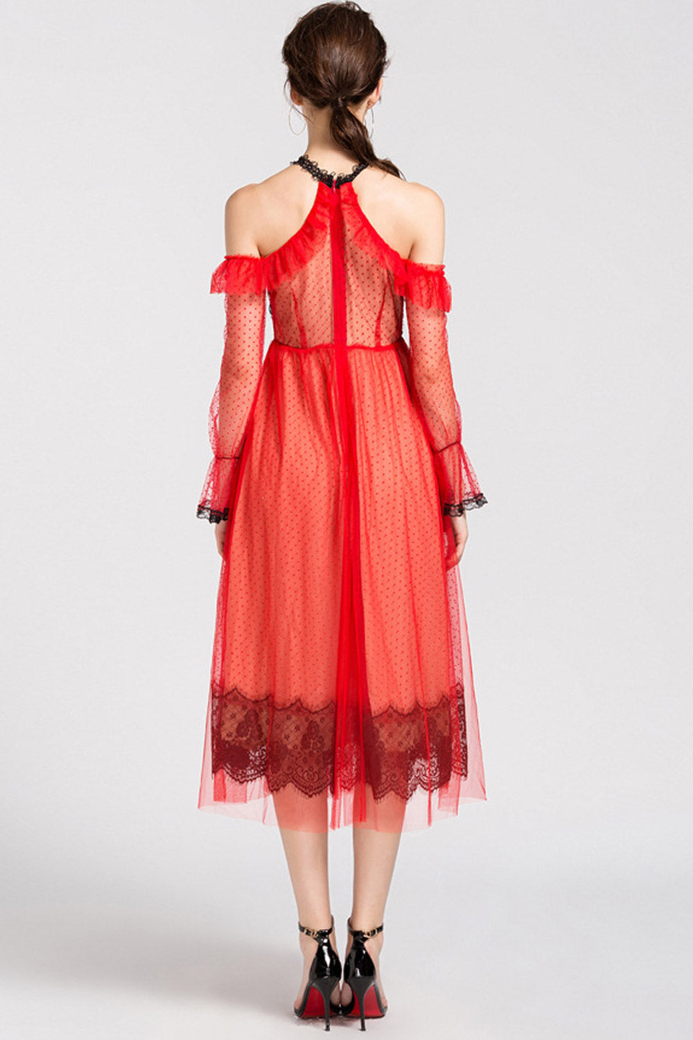 Women Lace Halter Neck Cold Shoulder Stylish Dress