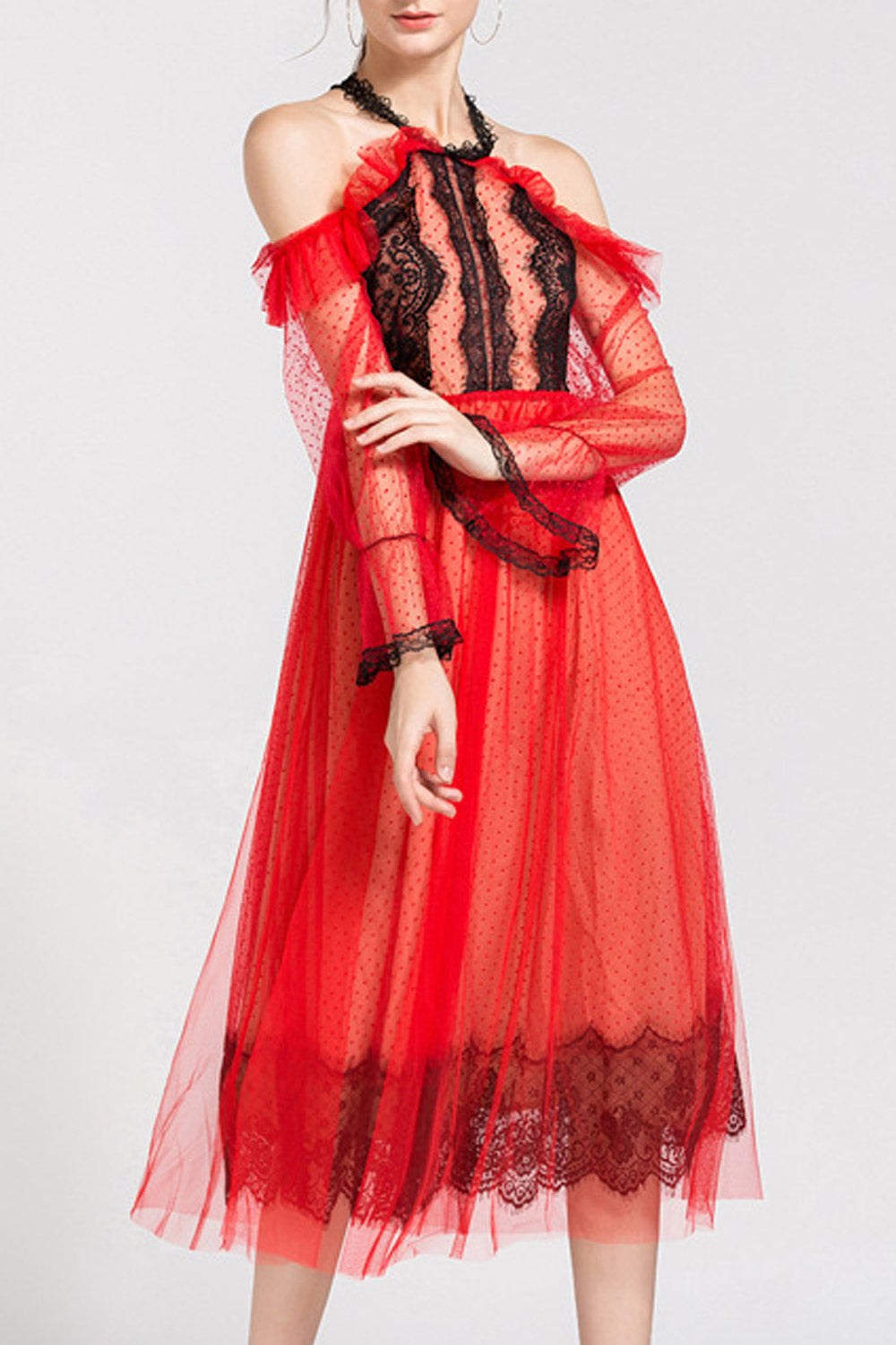 Women Lace Halter Neck Cold Shoulder Stylish Dress