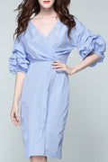 Women V-Neck Lantern Sleeve Striped Dress