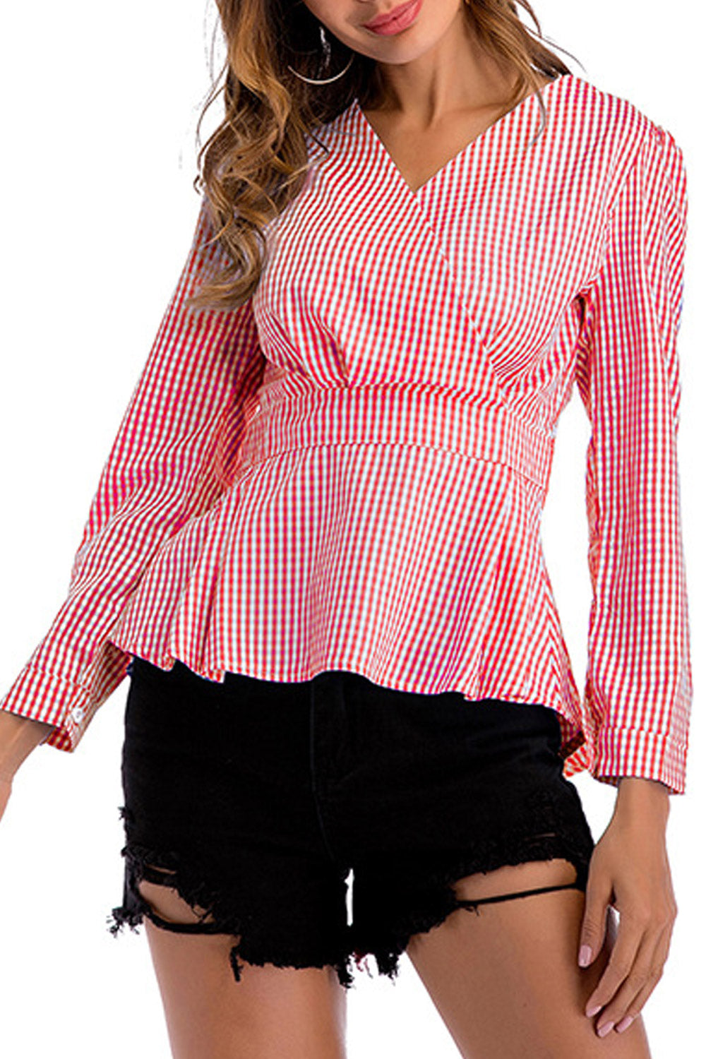 Women V-Neck Slim Waist Plaid Stylish Top