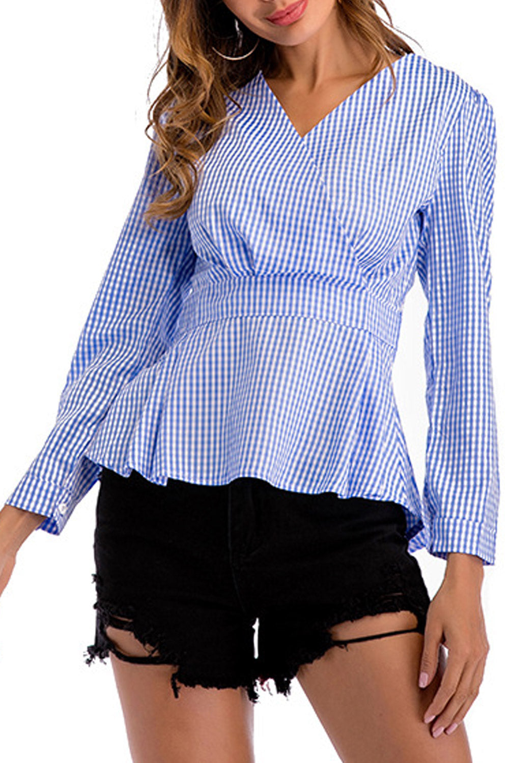 Women V-Neck Slim Waist Plaid Stylish Top