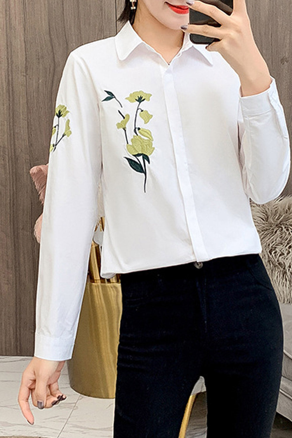 Women Fashion Long Sleeve Embroidered Shirt