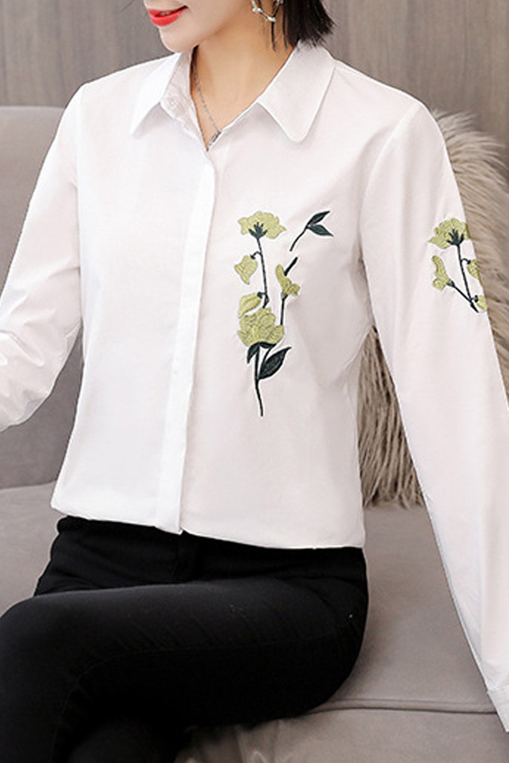 Women Fashion Long Sleeve Embroidered Shirt