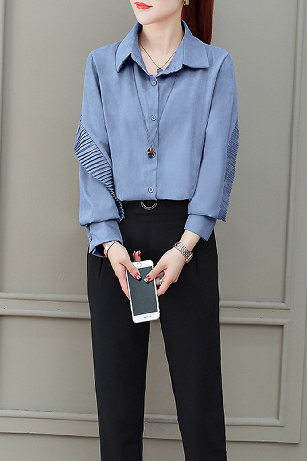 Women Collar Neck Ruffled Loose Shirt