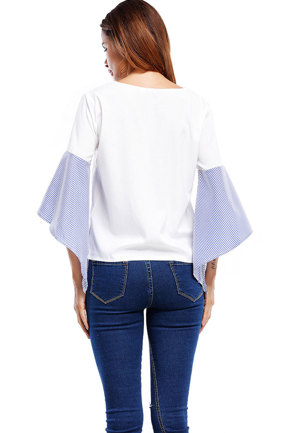 Women Fashion High Neck Trumpet Sleeve Top