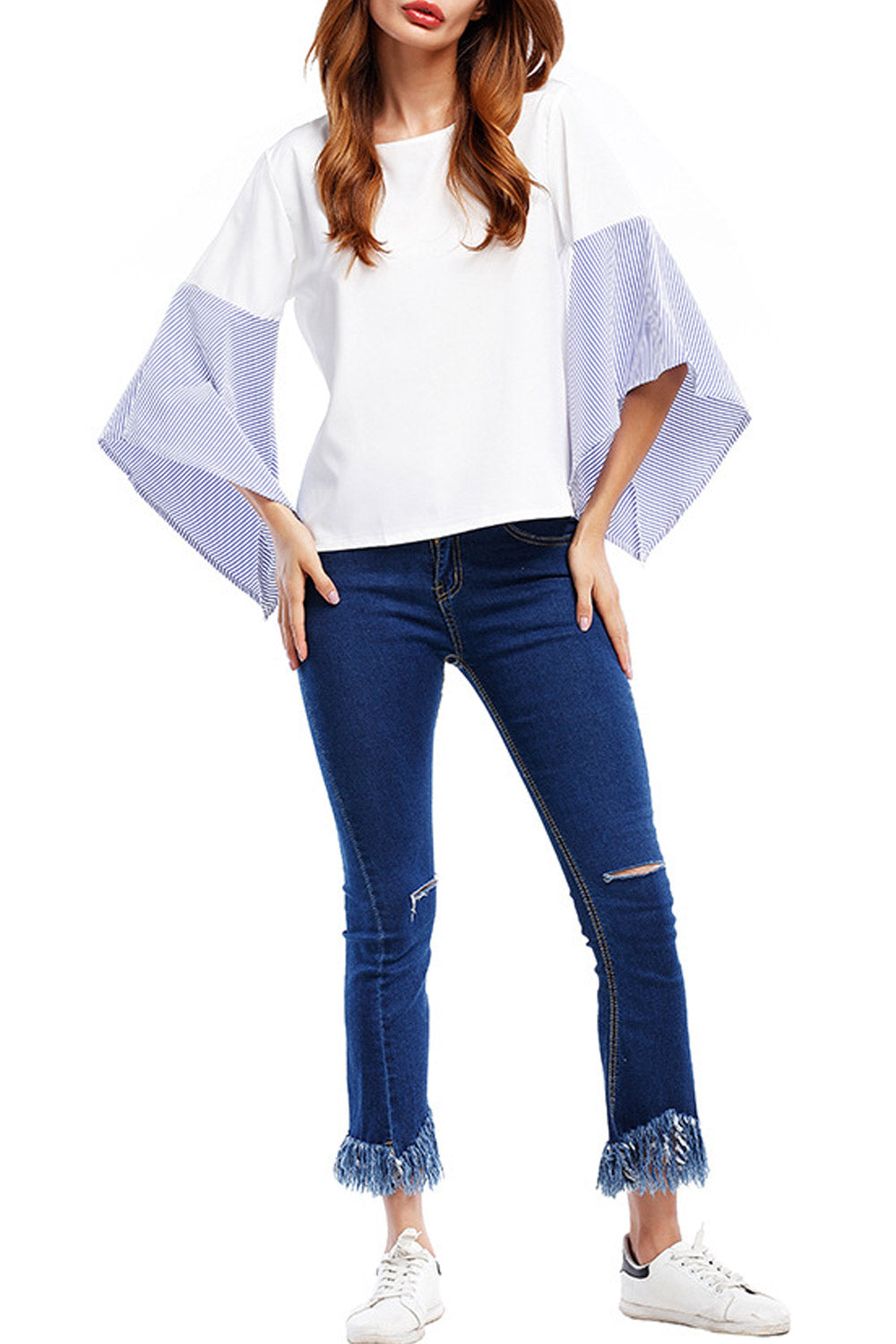 Women Fashion High Neck Trumpet Sleeve Top