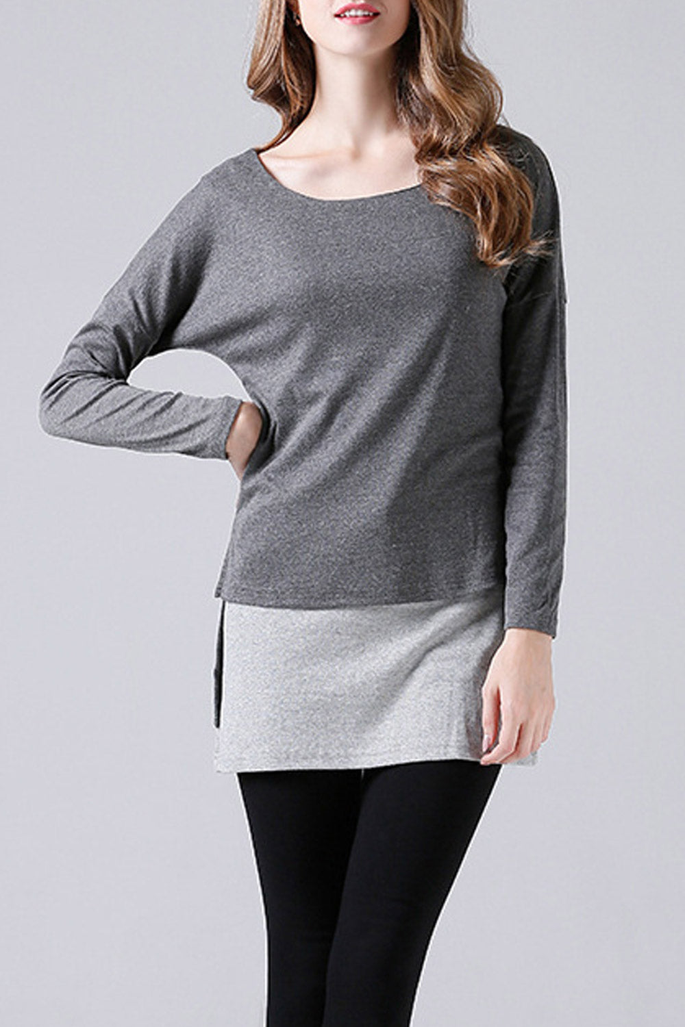 Women Round Neck Side Slit Fashion T-Shirt