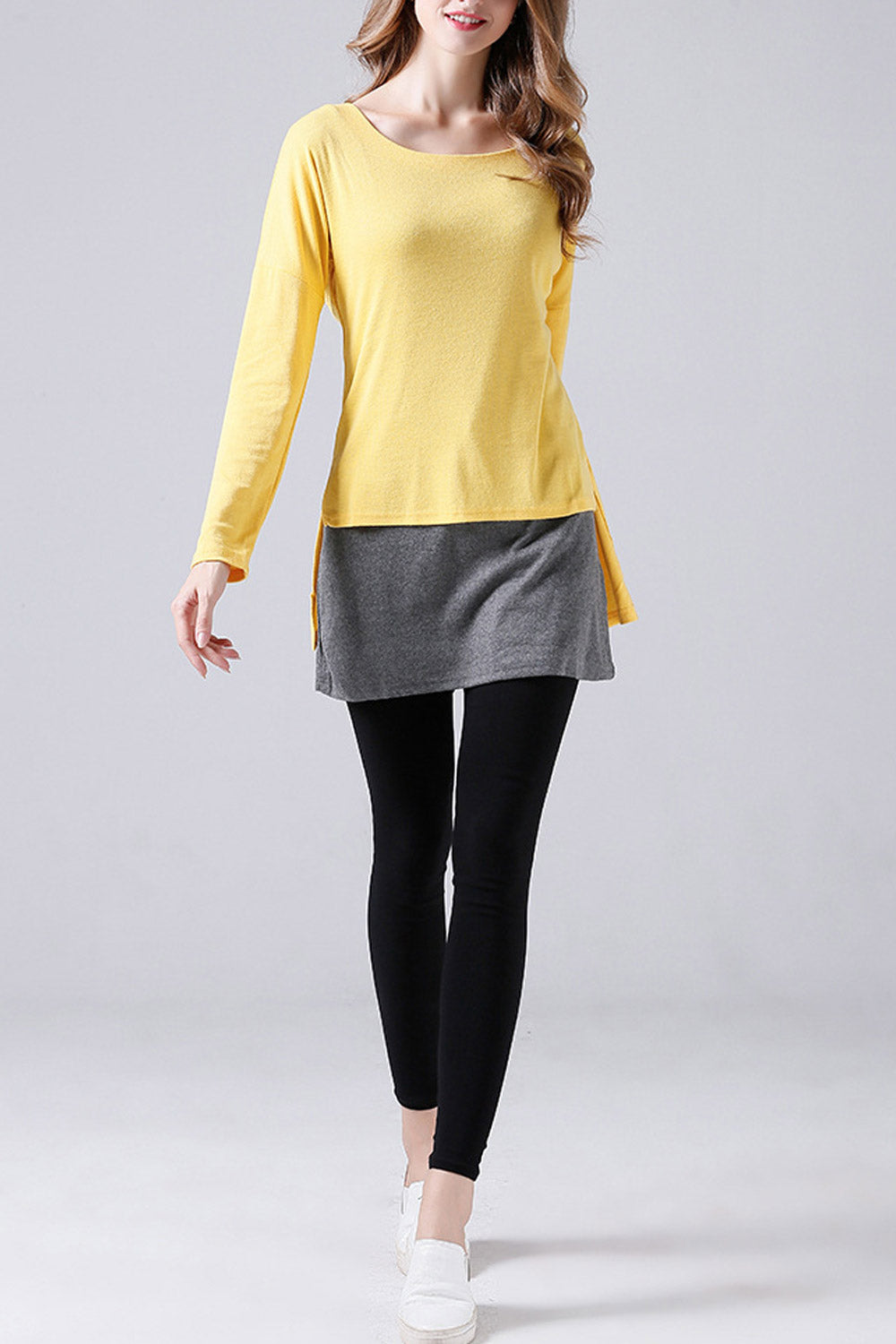 Women Round Neck Side Slit Fashion T-Shirt