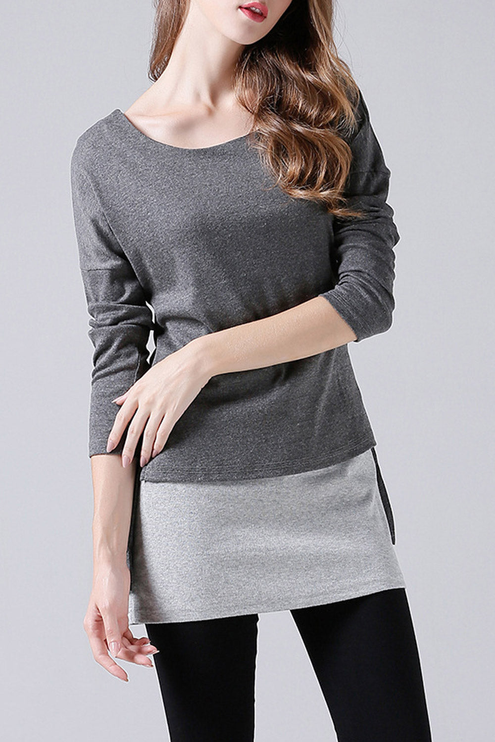 Women Round Neck Side Slit Fashion T-Shirt