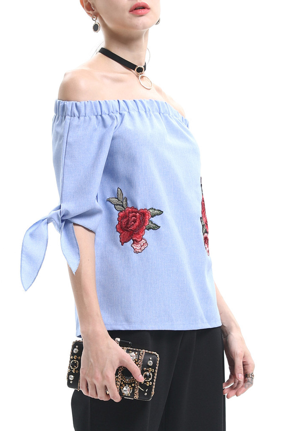 Women Elasticated Off Shoulder Embroidered Top