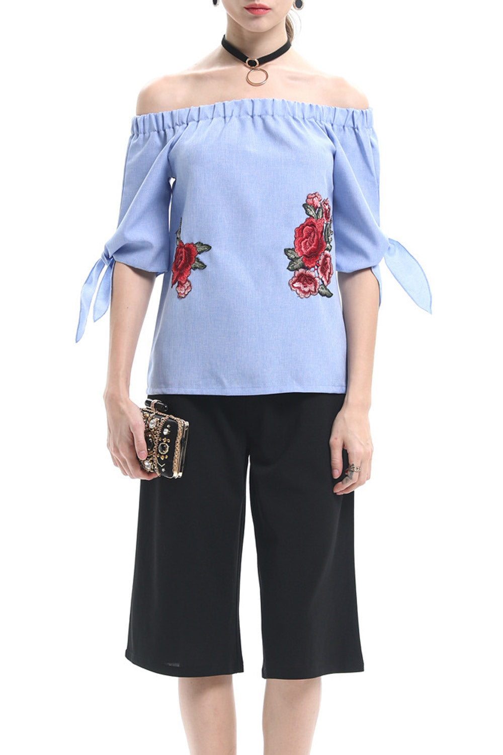 Women Elasticated Off Shoulder Embroidered Top